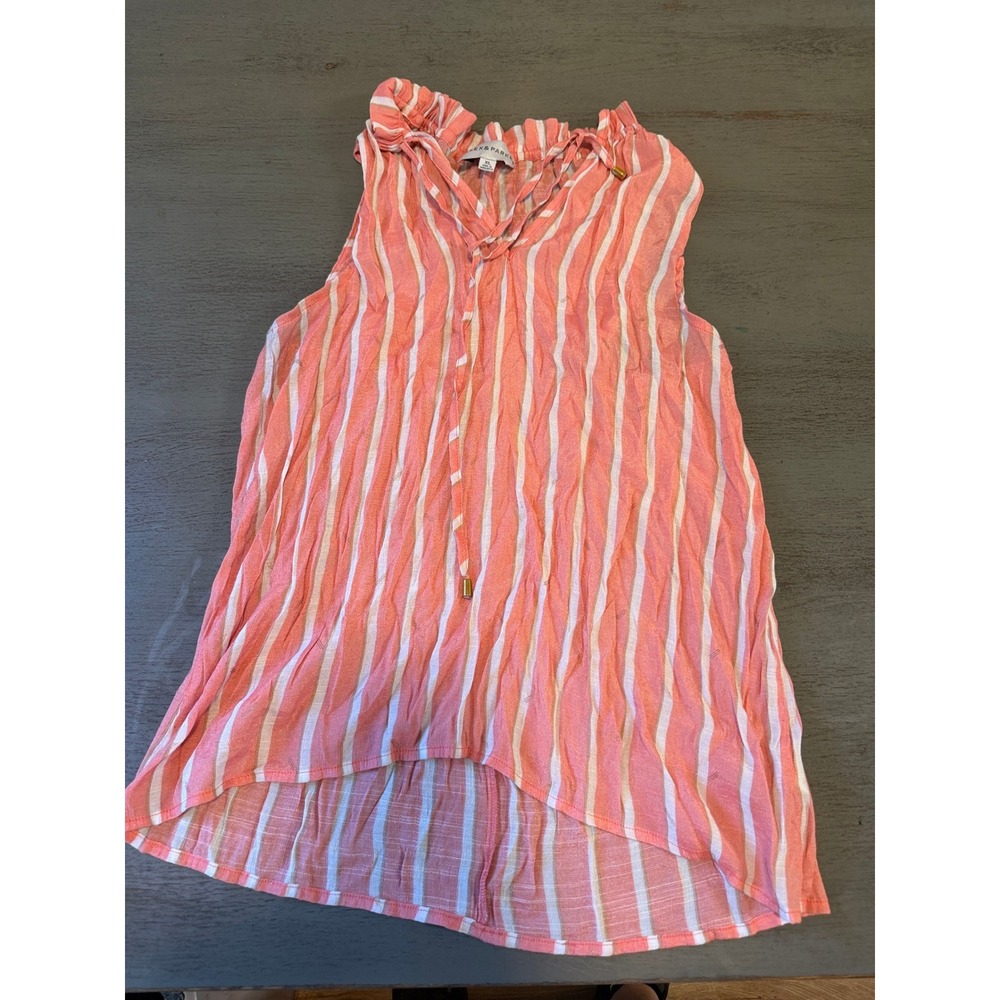 Alex & Parker Coral White Striped Sleeveless Ruffle Neck Blouse XL AP338